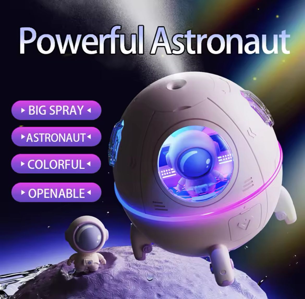 Astronaut Mini Air Humidifier with Night Light | Quiet Wireless Humidifier for Home & Office