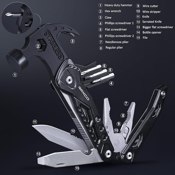 15-in-1 Multi-Tool Claw Hammer for Home, Camping & Emergency Use